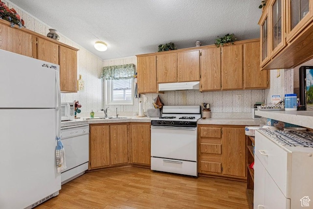 4400 W State St Unit 48, Hurricane, UT 84737 - kitchen with white appliances, under cabinet range hood, a textured ceiling, light wood-type flooring, and light countertops