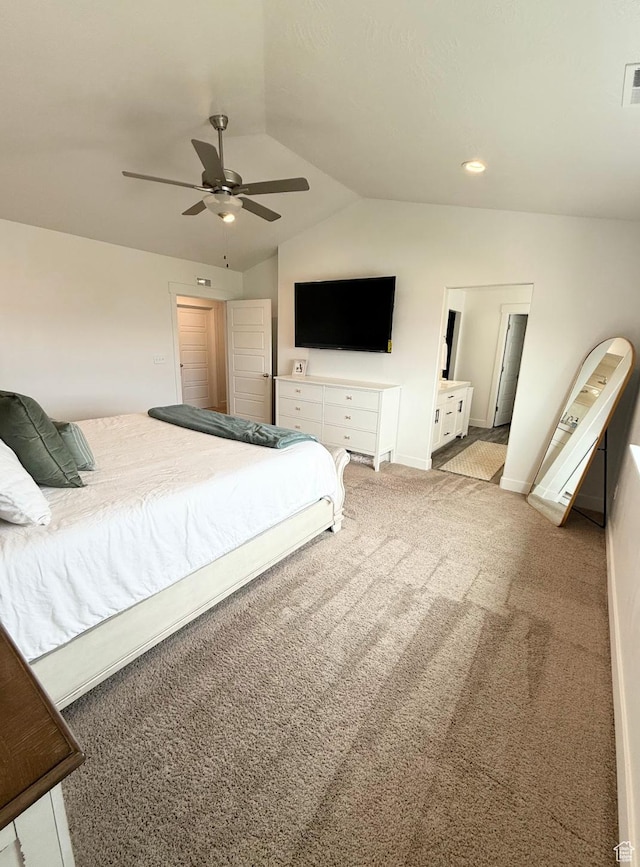 1258 E Bell Buoy Way, Eagle Mountain, UT 84005 - bedroom with lofted ceiling, light colored carpet, a ceiling fan, and recessed lighting