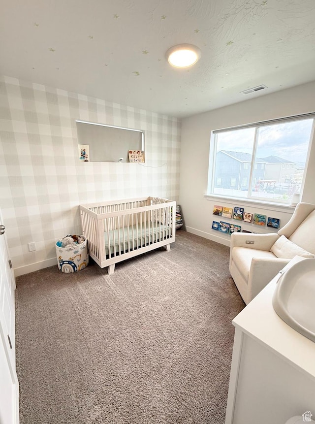 1258 E Bell Buoy Way, Eagle Mountain, UT 84005 - bedroom with wallpapered walls, carpet, and a crib