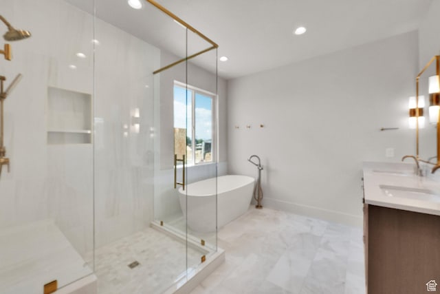761 W 880 N, American Fork, UT 84003 - full bathroom featuring a soaking tub, a shower stall, recessed lighting, double vanity, and marble look tiles