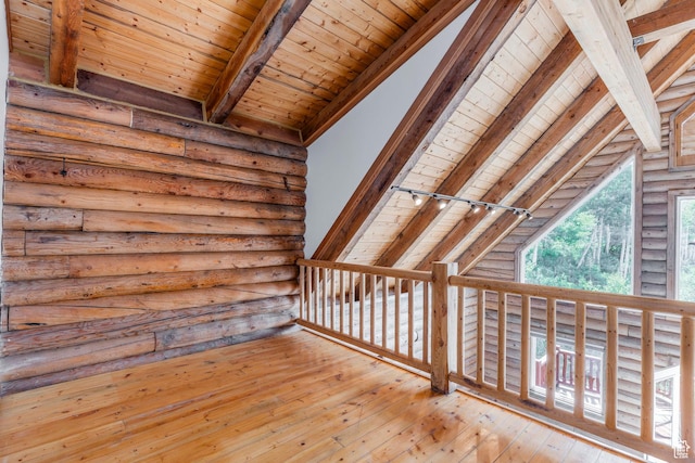 1796 W Tollgate Canyon Rd, Wanship, UT 84017 - hall featuring log walls, wood ceiling, and hardwood / wood-style flooring