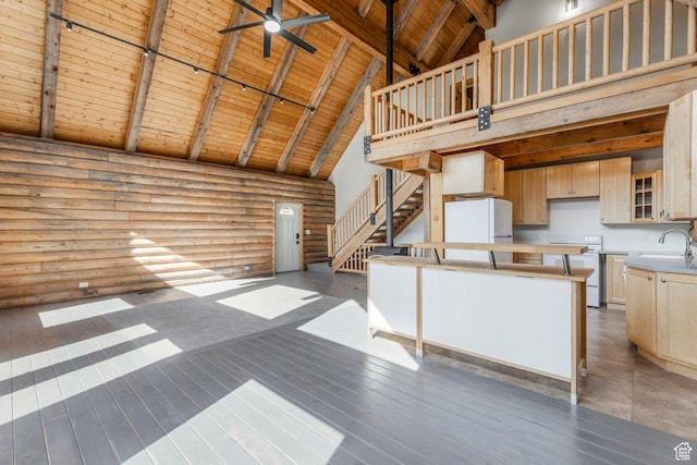 1796 W Tollgate Canyon Rd, Wanship, UT 84017 - kitchen featuring white appliances, high vaulted ceiling, a wood ceiling with exposed beams, log walls, and ceiling fan