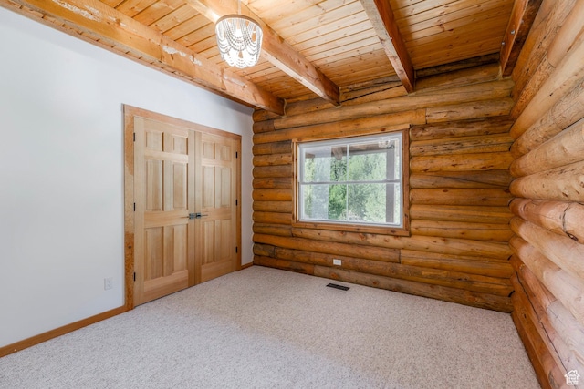 1796 W Tollgate Canyon Rd, Wanship, UT 84017 - unfurnished bedroom with a wood ceiling with exposed beams, carpet floors, a chandelier, and rustic walls