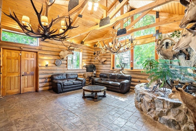 6690 S 1495 E, Cottonwood Heights, UT 84121 - living room featuring a chandelier, high vaulted ceiling, a wood ceiling with exposed beams, and log walls