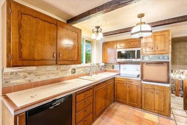 6690 S 1495 E, Cottonwood Heights, UT 84121 - kitchen with oven, black dishwasher, stainless steel microwave, beamed ceiling, and brown cabinets