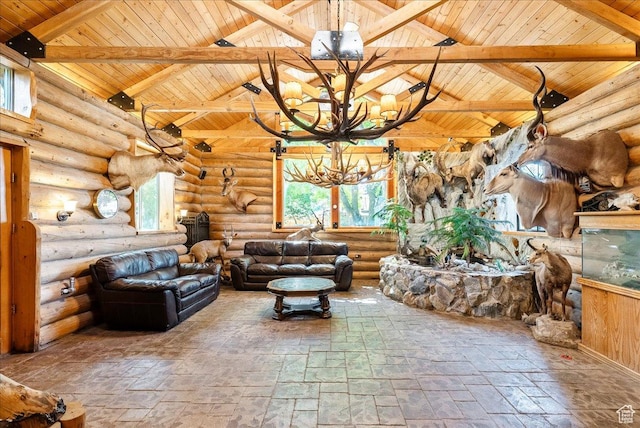 6690 S 1495 E, Cottonwood Heights, UT 84121 - living room featuring wooden ceiling, a chandelier, stone tile flooring, and log walls