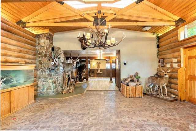 6690 S 1495 E, Cottonwood Heights, UT 84121 - dining space with wooden ceiling, a chandelier, log walls, and stone finish flooring