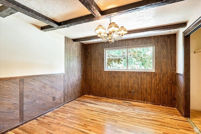 6690 S 1495 E, Cottonwood Heights, UT 84121 - unfurnished room featuring wood finished floors, wooden walls, a chandelier, beam ceiling, and a wainscoted wall