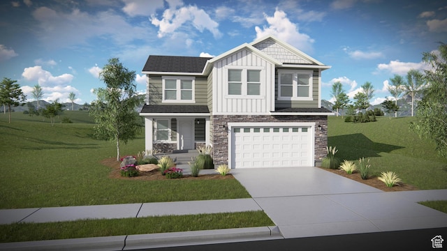 1536 W Boseman Way Unit 629, Saratoga Springs, UT 84045 - craftsman-style home with driveway, board and batten siding, stone siding, a garage, and a front yard
