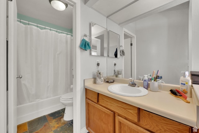 1380 W Ocean Ct, Salt Lake City, UT 84123 - bathroom featuring vanity, stone finish floors, and shower / bath combo with shower curtain