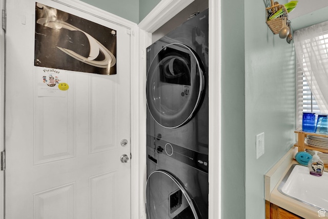 1380 W Ocean Ct, Salt Lake City, UT 84123 - washroom with stacked washer and clothes dryer and a sink