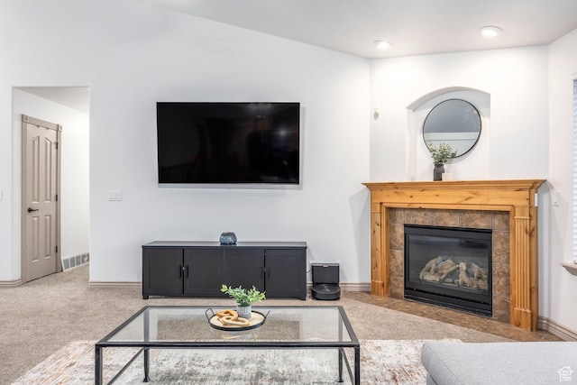 5689 W Sandy Stone Cir S, South Jordan, UT 84009 - carpeted living area with a tile fireplace and recessed lighting