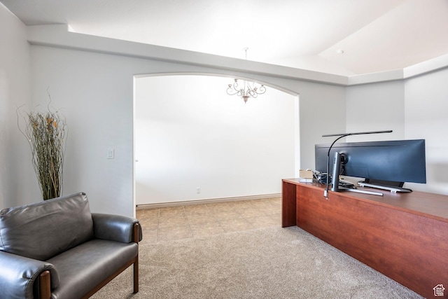 5689 W Sandy Stone Cir S, South Jordan, UT 84009 - carpeted office space with arched walkways, lofted ceiling, and tile patterned flooring