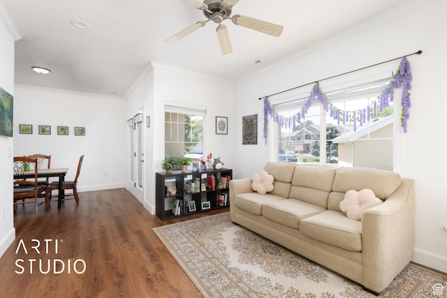 1068 Canyon Meadow Dr Unit 8, Provo, UT 84606 - living room with dark wood-style flooring, ornamental molding, and a ceiling fan