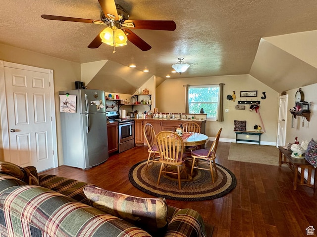 12 S Main, Holden, UT 84636 - dining room with a textured ceiling, dark wood finished floors, a ceiling fan, and lofted ceiling