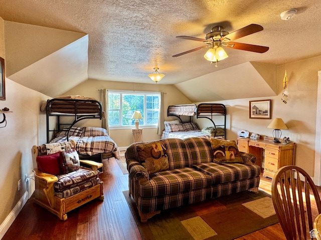 12 S Main, Holden, UT 84636 - bedroom with hardwood / wood-style flooring, a textured ceiling, lofted ceiling, and a ceiling fan