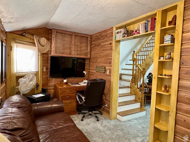 12 S Main, Holden, UT 84636 - carpeted office featuring wood walls, a textured ceiling, and lofted ceiling