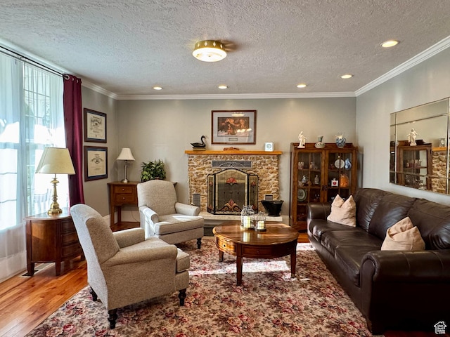 12 S Main, Holden, UT 84636 - living area with plenty of natural light, wood finished floors, a stone fireplace, recessed lighting, and a textured ceiling