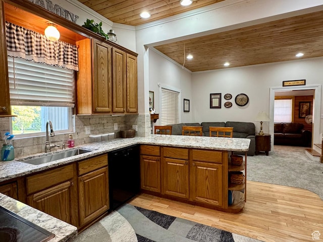 12 S Main, Holden, UT 84636 - kitchen featuring wood ceiling, dishwasher, a peninsula, recessed lighting, and light stone countertops
