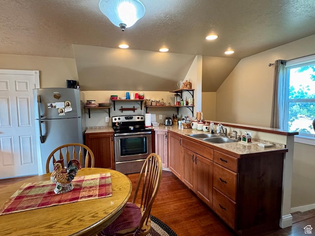 12 S Main, Holden, UT 84636 - kitchen with freestanding refrigerator, electric range, a textured ceiling, open shelves, and a peninsula
