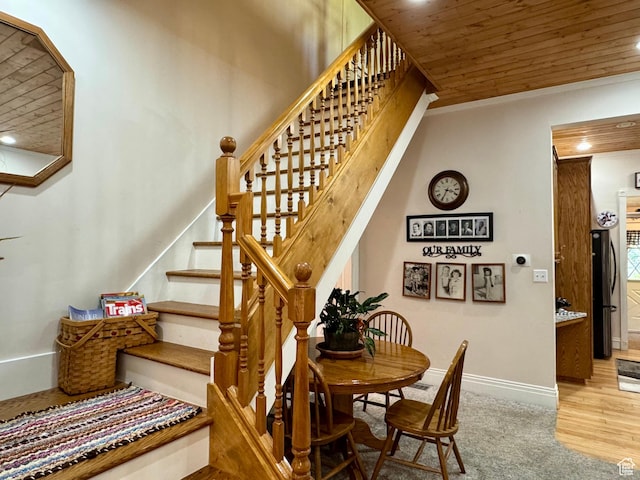 12 S Main, Holden, UT 84636 - stairs featuring wooden ceiling, ornamental molding, wood finished floors, and recessed lighting