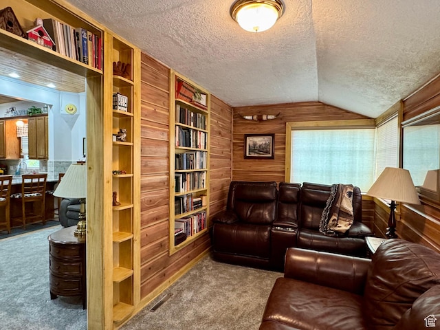 12 S Main, Holden, UT 84636 - living room featuring carpet, wood walls, a textured ceiling, and vaulted ceiling
