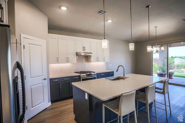 621 N Sage Hen Dr, Washington, UT 84780 - kitchen with stainless steel appliances, under cabinet range hood, backsplash, wood finished floors, and recessed lighting
