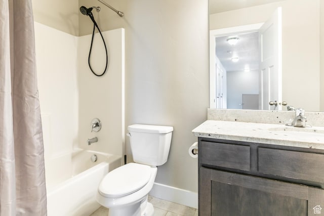 4567 W Breezy Meadow Dr, Herriman, UT 84096 - bathroom featuring shower / bath combination with curtain, vanity, and tile patterned flooring