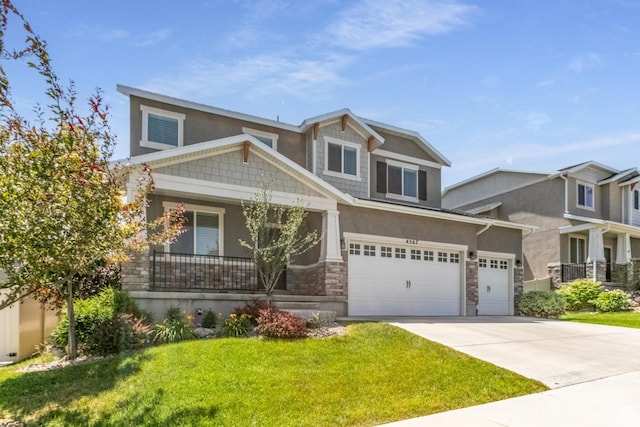 4567 W Breezy Meadow Dr, Herriman, UT 84096 - view of front facade featuring stucco siding, a front yard, stone siding, a porch, and concrete driveway