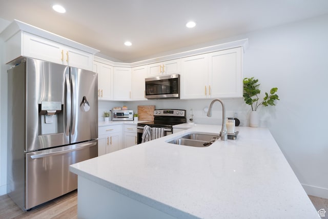 1065 W 200 N, Provo, UT 84601 - kitchen featuring stainless steel appliances, white cabinetry, a peninsula, light wood-type flooring, and recessed lighting