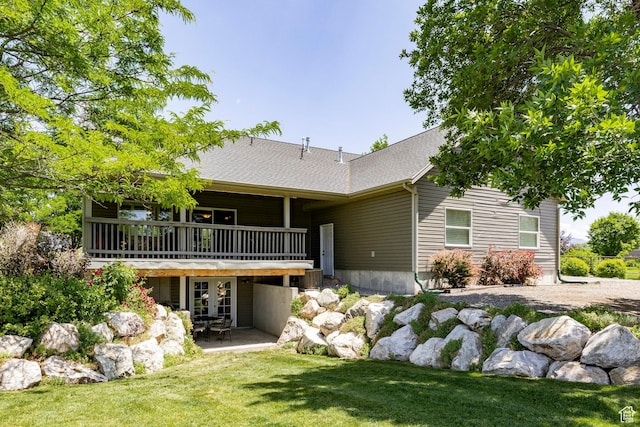 8871 S 100 E, Paradise, UT 84328 - back of property featuring a yard, a patio area, a deck, french doors, and a shingled roof