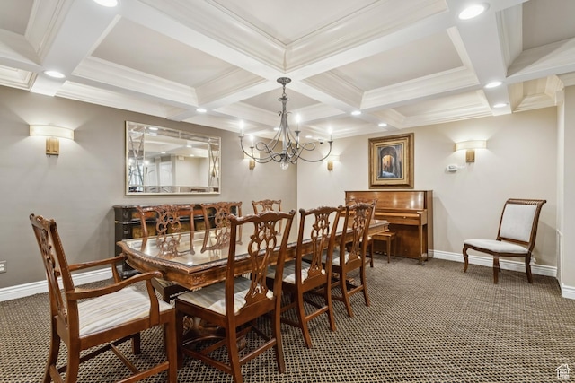 123 E 2nd Ave Unit 505, Salt Lake City, UT 84103 - carpeted dining room featuring coffered ceiling, beam ceiling, a chandelier, recessed lighting, and crown molding