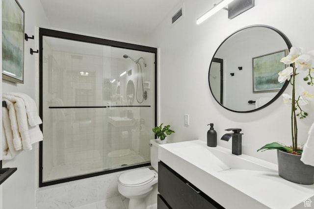 123 E 2nd Ave Unit 505, Salt Lake City, UT 84103 - full bathroom featuring vanity, a stall shower, and marble finish flooring
