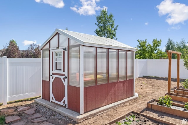319 S 300 E, Midway, UT 84049 - view of greenhouse featuring a vegetable garden and a fenced backyard