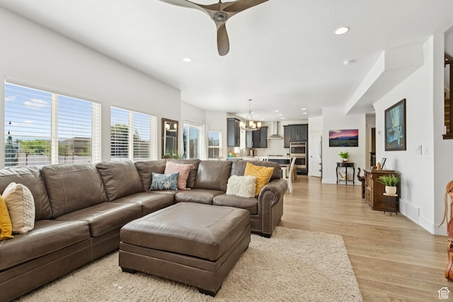 319 S 300 E, Midway, UT 84049 - living area with a chandelier, light wood-style flooring, recessed lighting, and ceiling fan