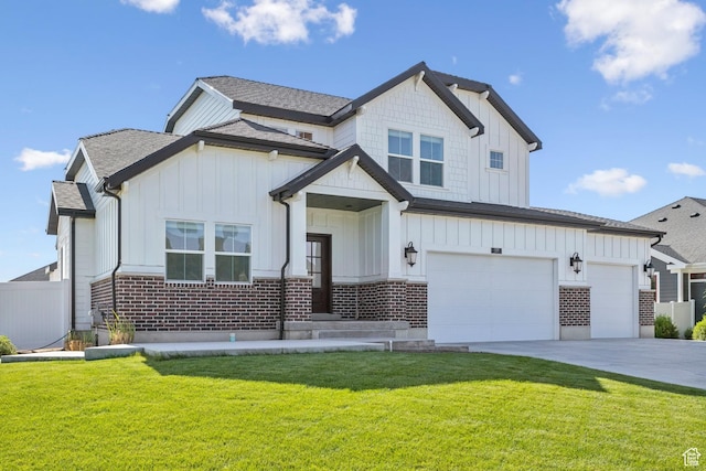 319 S 300 E, Midway, UT 84049 - modern farmhouse style home with board and batten siding, concrete driveway, a garage, brick siding, and roof with shingles