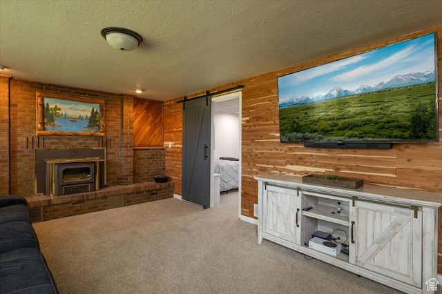 4556 W 4950 S, Hooper, UT 84315 - unfurnished living room with a barn door, a textured ceiling, wooden walls, and carpet flooring