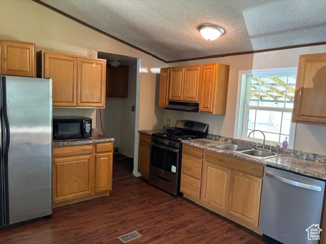290 E 800 S, Roosevelt, UT 84066 - kitchen featuring stainless steel appliances, exhaust hood, vaulted ceiling, ornamental molding, and a textured ceiling