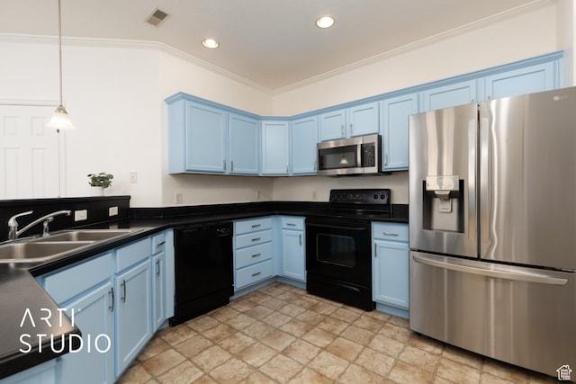 1183 N Canyon Meadow Dr E Unit 9, Provo, UT 84606 - kitchen featuring black appliances, blue cabinetry, stone finish floors, ornamental molding, and recessed lighting