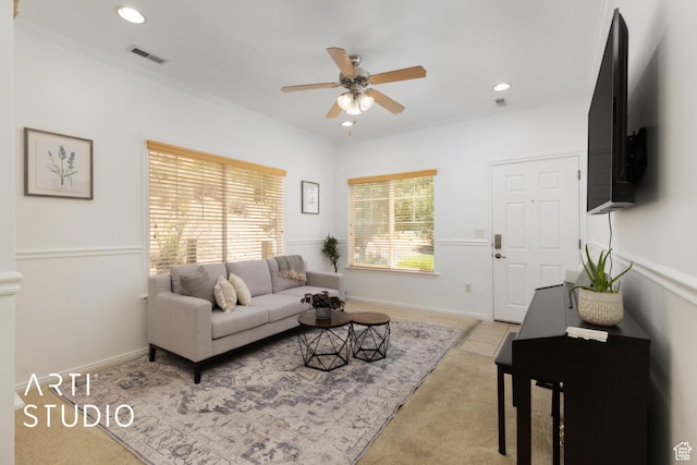 1183 N Canyon Meadow Dr E Unit 9, Provo, UT 84606 - living room featuring ceiling fan, light colored carpet, recessed lighting, and ornamental molding