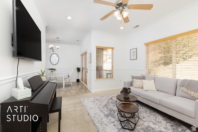 1183 N Canyon Meadow Dr E Unit 9, Provo, UT 84606 - carpeted living room featuring crown molding, a ceiling fan, and recessed lighting