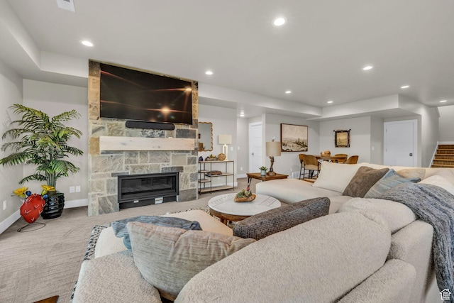 864 W Eland Cir, Heber City, UT 84032 - living area with stairs, recessed lighting, a stone fireplace, and carpet floors