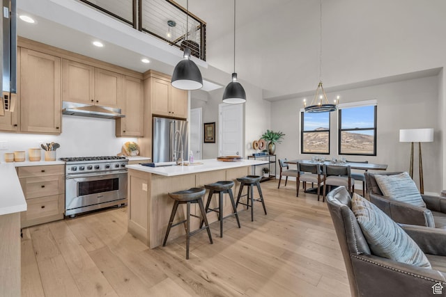 864 W Eland Cir, Heber City, UT 84032 - kitchen with appliances with stainless steel finishes, light brown cabinetry, open floor plan, high vaulted ceiling, and a chandelier
