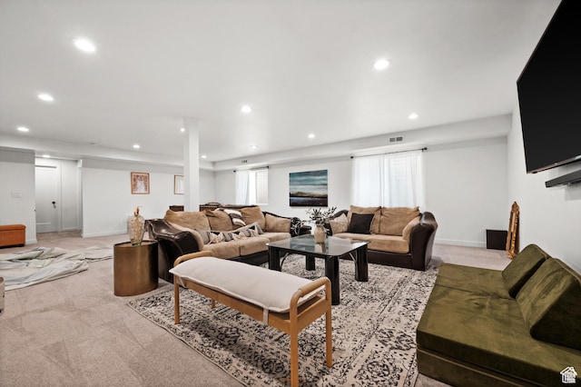 4753 W Mossley Dr, Herriman, UT 84096 - living room featuring light colored carpet and recessed lighting