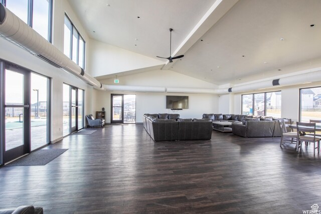 4753 W Mossley Dr, Herriman, UT 84096 - living area with dark wood-style floors, high vaulted ceiling, and ceiling fan