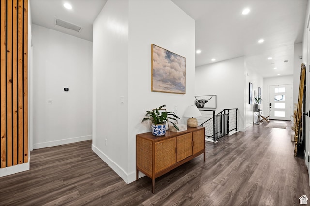 4753 W Mossley Dr, Herriman, UT 84096 - hall with an upstairs landing, dark wood-style flooring, and recessed lighting