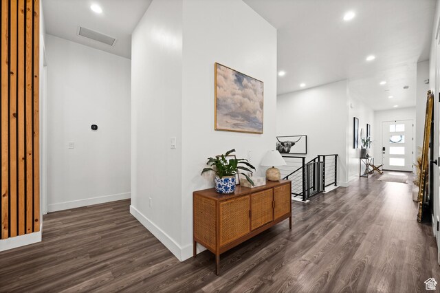 4753 W Mossley Dr, Herriman, UT 84096 - hall featuring an upstairs landing, dark wood finished floors, and recessed lighting