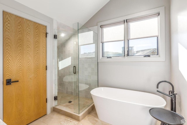 7615 E Stardust Ct Unit 319H, Heber City, UT 84032 - full bath with a shower stall, a freestanding bath, lofted ceiling, tile patterned flooring, and a closet