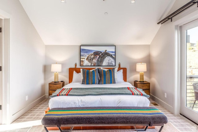 7615 E Stardust Ct Unit 319H, Heber City, UT 84032 - bedroom with vaulted ceiling, access to exterior, and carpet flooring