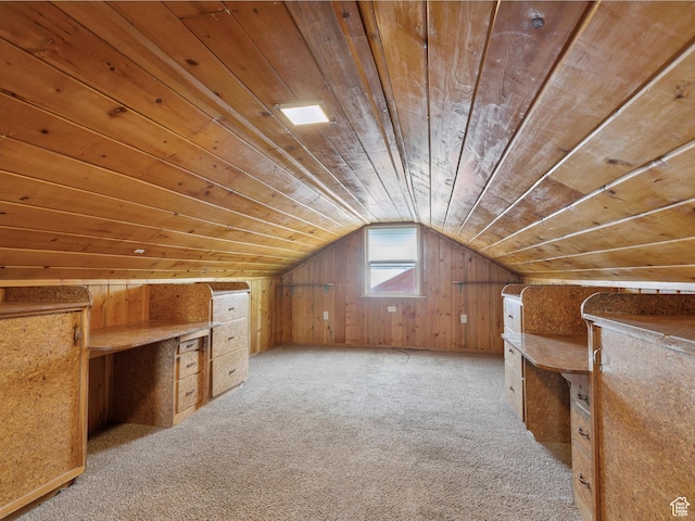 1425 E 22nd St S, Ogden, UT 84401 - additional living space with wood ceiling, vaulted ceiling, light carpet, and wood walls